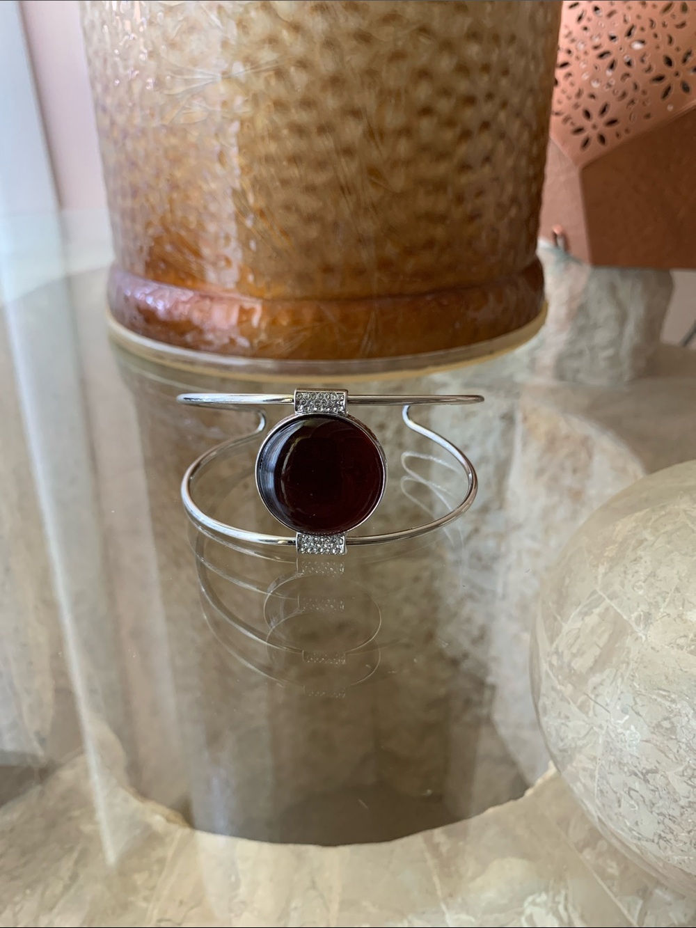 Silver Cuff Bracelet with Deep Red Stone